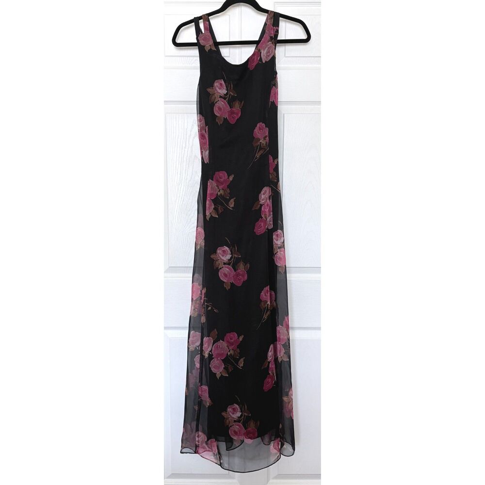 Vintage 90s Scott McClintock Black Rose Mesh Formal Maxi Gown Whimsigoth Size 12
